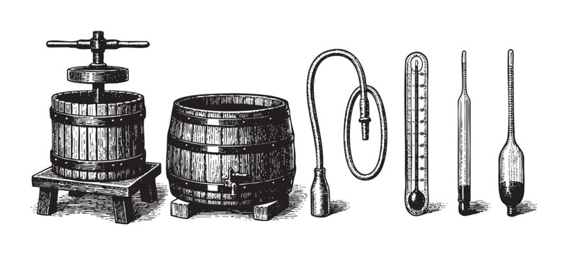 Detailed engraved illustration featuring winemaking tools: wine press, barrel with tap, thermometer, hydrometer, and bottle with tube, ideal for historical or beverage-themed designs.