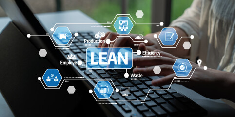 This image captures the essence of lean management, showcasing digital graphics overlaying a keyboard action in a modern office, representing efficiency and process improvement. Tessel