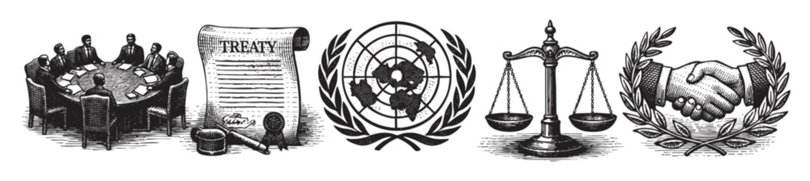 Black and white sketch icons of international law and cooperation including a meeting, treaty, UN symbol, scales, and handshake. Representing justice and diplomacy.