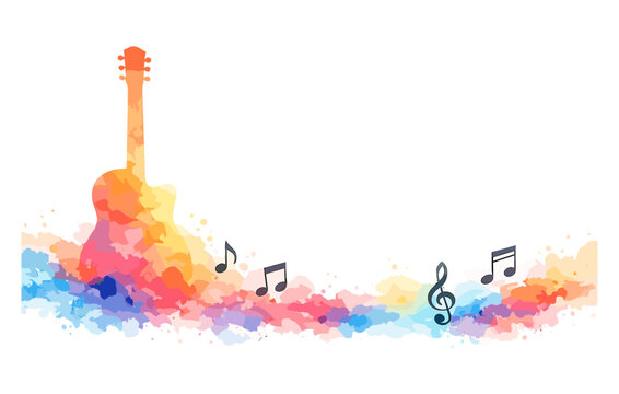 Colorful abstract guitar with music notes on watercolor background