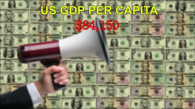 US GDP Per Capita Megaphone Over Wall of Money Highlighting Trillions and Economic Pressure