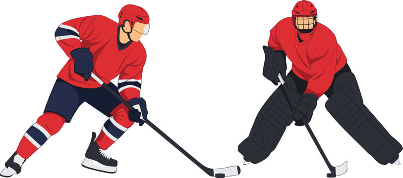 Ice hockey action, goalie defense, player in motion, red jersey, sports gear, competitive match, flat vector illustration, winter sport, dynamic pose