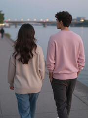 Side by Side at Twilight &ndash; Misty Rose Sweaters on a Quiet Riverside Promenade