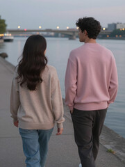 Side by Side at Twilight &ndash; Misty Rose Sweaters on a Quiet Riverside Promenade