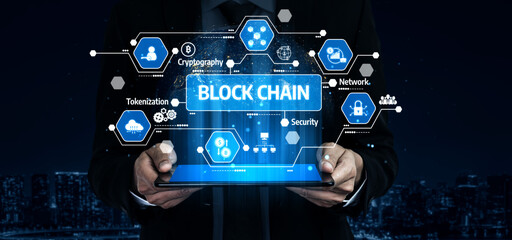A professional in a suit holds a tablet showcasing blockchain technology icons, symbolizing innovation in security, network, and data management in a modern urban setting. Tessel