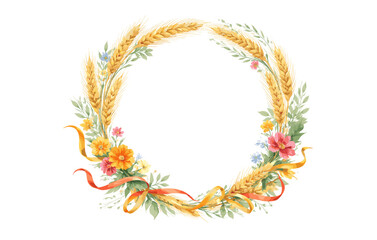 Obraz premium Floral harvest wreath with wheat, flowers, and ribbons on white background