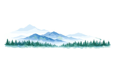 Scenic watercolor landscape with mountains and forest