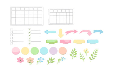 Fototapeta premium Hand-drawn planner stickers with calendars, floral designs, and pastel colors for creative organization