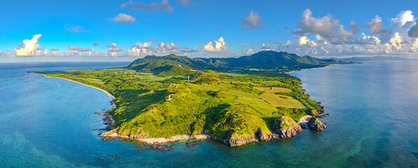 Ishigaki Island, Okinawa, Japan ove the coast with Hirakubozaki Lighthouse.
