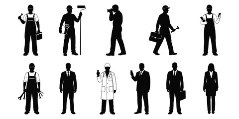 Silhouettes of diverse professionals with tools and attire, including workers, doctors, photographers, businesspeople, flat vector illustration, occupations set