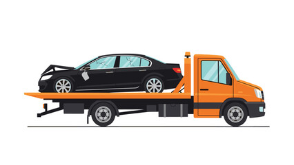 Illustration of a severely damaged black sedan being securely transported on the flatbed of a bright orange tow truck.