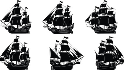 Sailing ship silhouette, pirate galleon, vintage vessel, nautical icon, maritime history, black sails, flat vector illustration, ocean travel, antique design © Creative _design