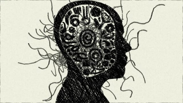 Hand draw animation representing a chaotic mind overthinking or the burdens of stress and anxiety