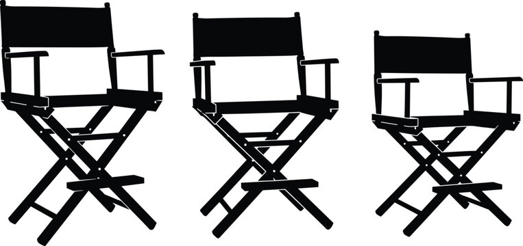 Three black silhouette director chairs with canvas seat, folding frame, armrests, film production furniture concept, flat vector illustration