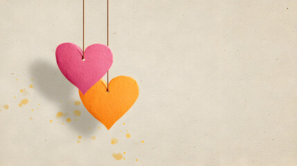 un fondo claro con espacio de copia para dise&ntilde;o o tarjeta de amor o celebraciones de san valentin con dos corazones de madera colgantes 