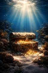 Sunbeams illuminate sunken treasure chest on ocean floor

