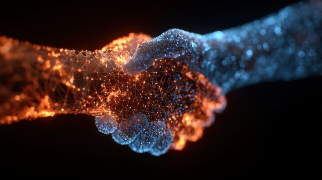 Digital handshake with glowing orange and blue network connections technology