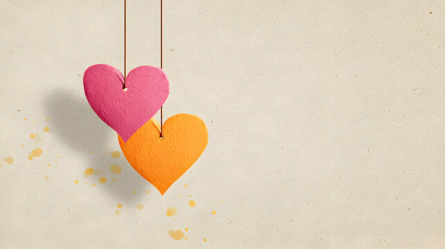 un fondo claro con espacio de copia para dise&ntilde;o o tarjeta de amor o celebraciones de san valentin con dos corazones de madera colgantes 