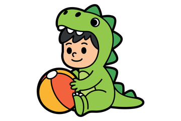 Obraz premium Cartoon child in green dinosaur costume holding colorful beach ball on white background