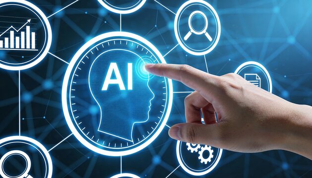 Innovative AI technology concept with human interaction and futuristic interface - Powered by Adobe