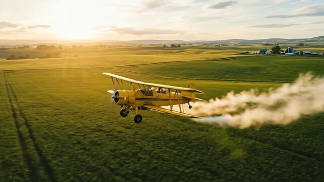 Crop duster biplane spraying agricultural field at sunset. Aerial application of chemicals for farm management