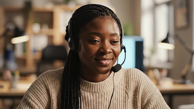 Close up of an african american woman wearing a headset, communicating for virtual customer service concept in a professional office setting