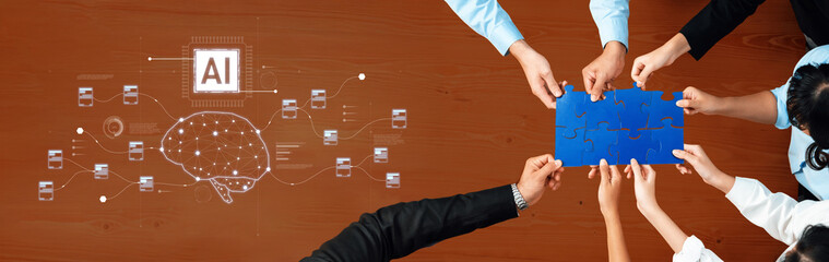 A team gathers around a table engaged in brainstorming about artificial intelligence solutions, with a digital brain visualization and puzzle piece highlighting creativity and collaboration. Trope