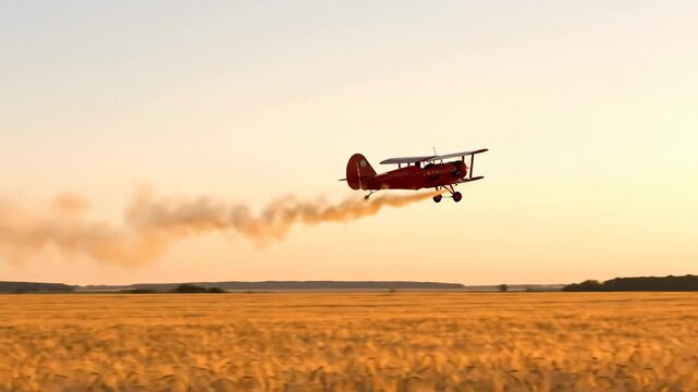 Crop duster biplane in sunset sky flight over dry wheat field, agricultural plane spraying pesticide and fertilizer concept