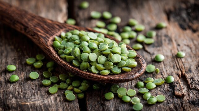 Green Split Peas in Wooden Spoon on Rustic Surface 
