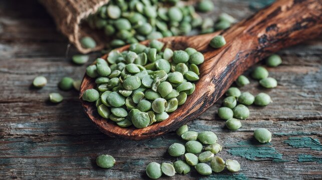 Green Split Peas in Wooden Spoon on Rustic Surface 