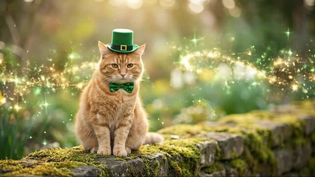 Adorable ginger cat with green bowler hat and bow tie sits on mossy stone wall with golden light bokeh for Saint Patrick holiday