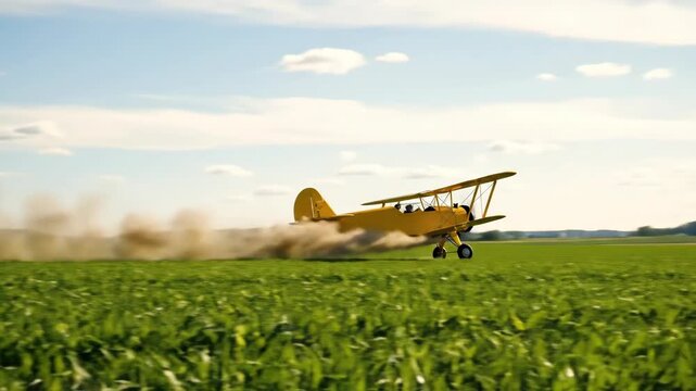 Yellow crop duster plane flying over green farm field, spraying crop protection product for agriculture and farming industry
