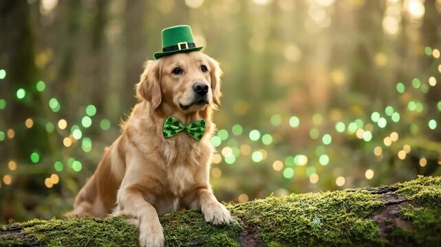 Golden retriever dog posing on mossy log outdoors, dressed in green hat and bowtie with shamrock pattern celebrating St. Patricks Day