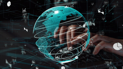 A captivating digital globe illustrates data visualization and analytics trends in business. The scene emphasizes technology, charts, and global connectivity. Xenic