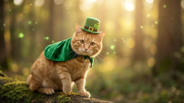 Orange cat wearing green costume sitting on mossy branch with glowing dust for St Patricks Day celebration
