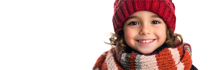smiling positive child in a winter hat and a shawl isolated on white