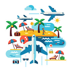 Traveling for tourism by plane flat design illusration