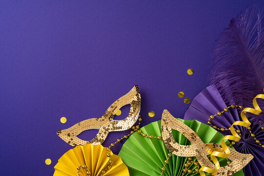 A vibrant Mardi Gras scene featuring gold masks, purple backdrop, and festive decorations like fans, beads, ribbons, and confetti