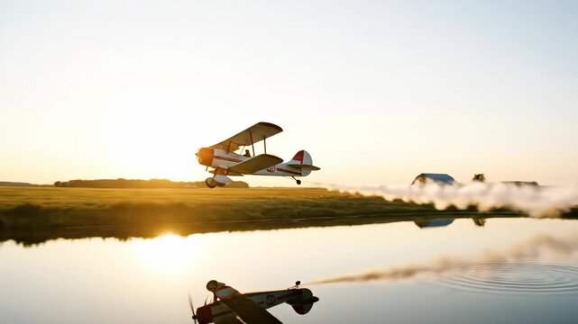 Crop duster biplane flying over rural landscape with lake and barn at sunset, agricultural aerial spraying