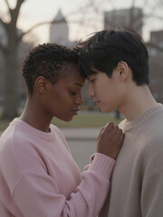 Quiet Intimacy at Dawn &ndash; Two People in Misty Rose and Driftwood Knitwear, Forehead Resting Gently