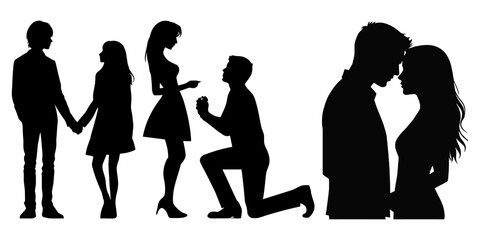 Silhouetted figures depict relationships from holding hands and an engagement proposal to a romantic embrace conveying love commitment and connection on a clean white backdrop