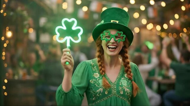 Woman in green costume celebrating st patrick day. Holiday celebration with clover glasses and hat in party atmosphere