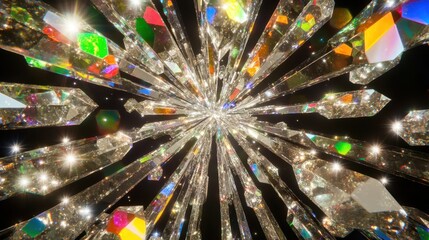 Polished crystal shards arranged in a radiating pattern with vibrant prismatic light effects