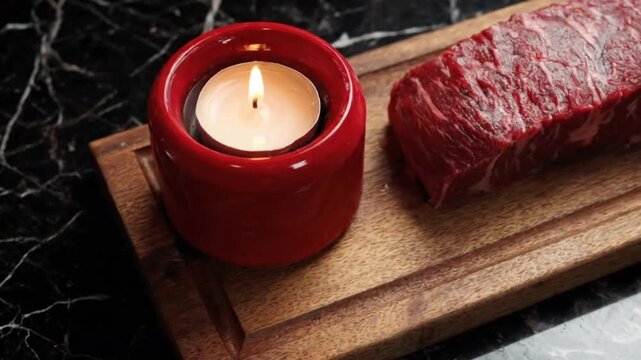 A premium cut of fresh, raw red meat, displaying rich marbling and texture, rests on a rustic wooden cutting board. Adjacent to it, a single tea light candle flickers gently within a striking red cera