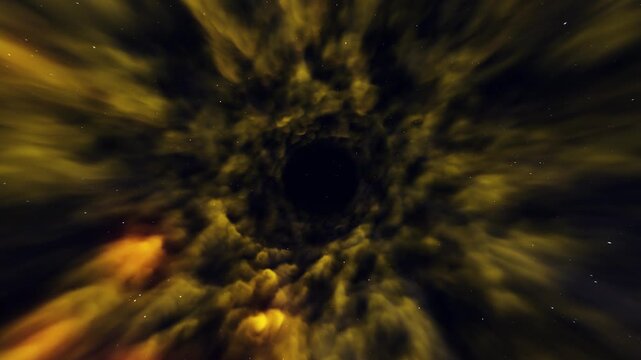 Abstract hyperspace wormhole tunnel with golden yellow nebula energy flow