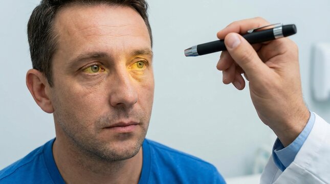 Doctor examining patient with jaundice symptoms using penlight