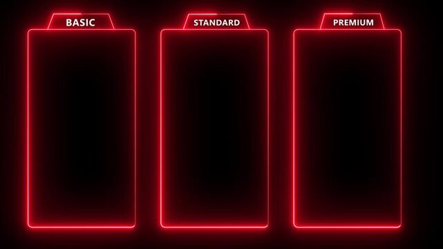 glowing neon two color Basic, Standard, and Premium Package subscription tiers, Animation. Pricing and Features, Pricing plans table, pricing chart, price list for web or app tech concept 4k video