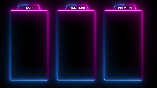 glowing neon two color Basic, Standard, and Premium Package subscription tiers, Animation. Pricing and Features, Pricing plans table, pricing chart, price list for web or app tech concept 4k video