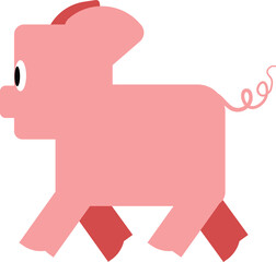 Minimalist pink pig flat vector with geometric shapes, a playful curly tail, and red hooves
