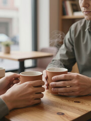 Hands Reaching for Terracotta Mugs &ndash; Quiet Morning Companionship in a Caf&eacute;
